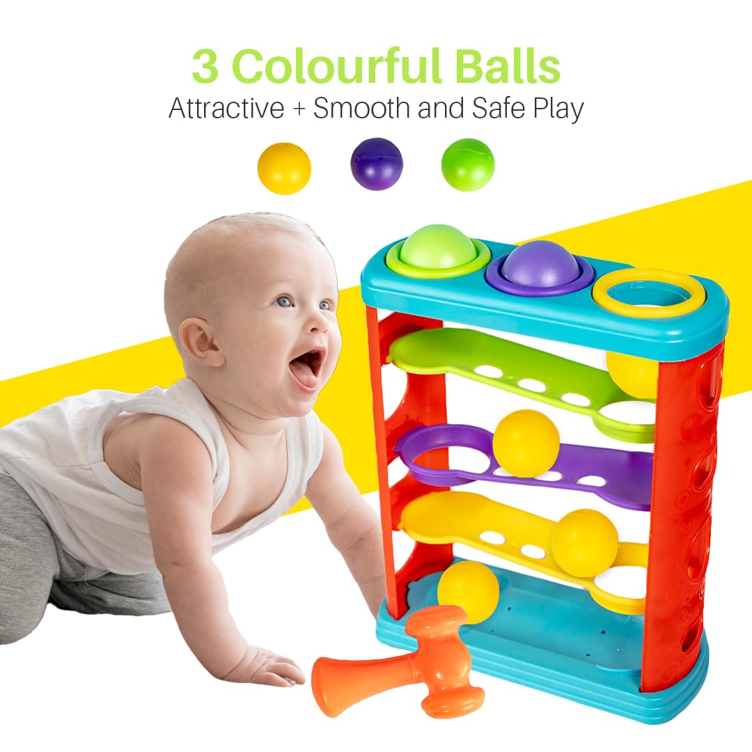 Ratna’s Hammer Ball Knock Ball for Babies and Toddlers Pound and See The Balls roll Down The ramps Safe and Non Toxic for Infants – Multicolor