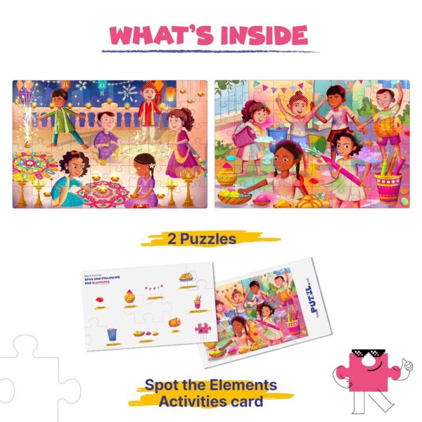 The Puzzl Co - Set of 2 Jigsaw Puzzles, 60 Pcs Each, Festivals Theme - Diwali & Holi, for Kids 5-8+ Yrs, Large Size, Thick Matte Finish, Fun & Educational Puzzle Games, for Boys, Girls - Image 6