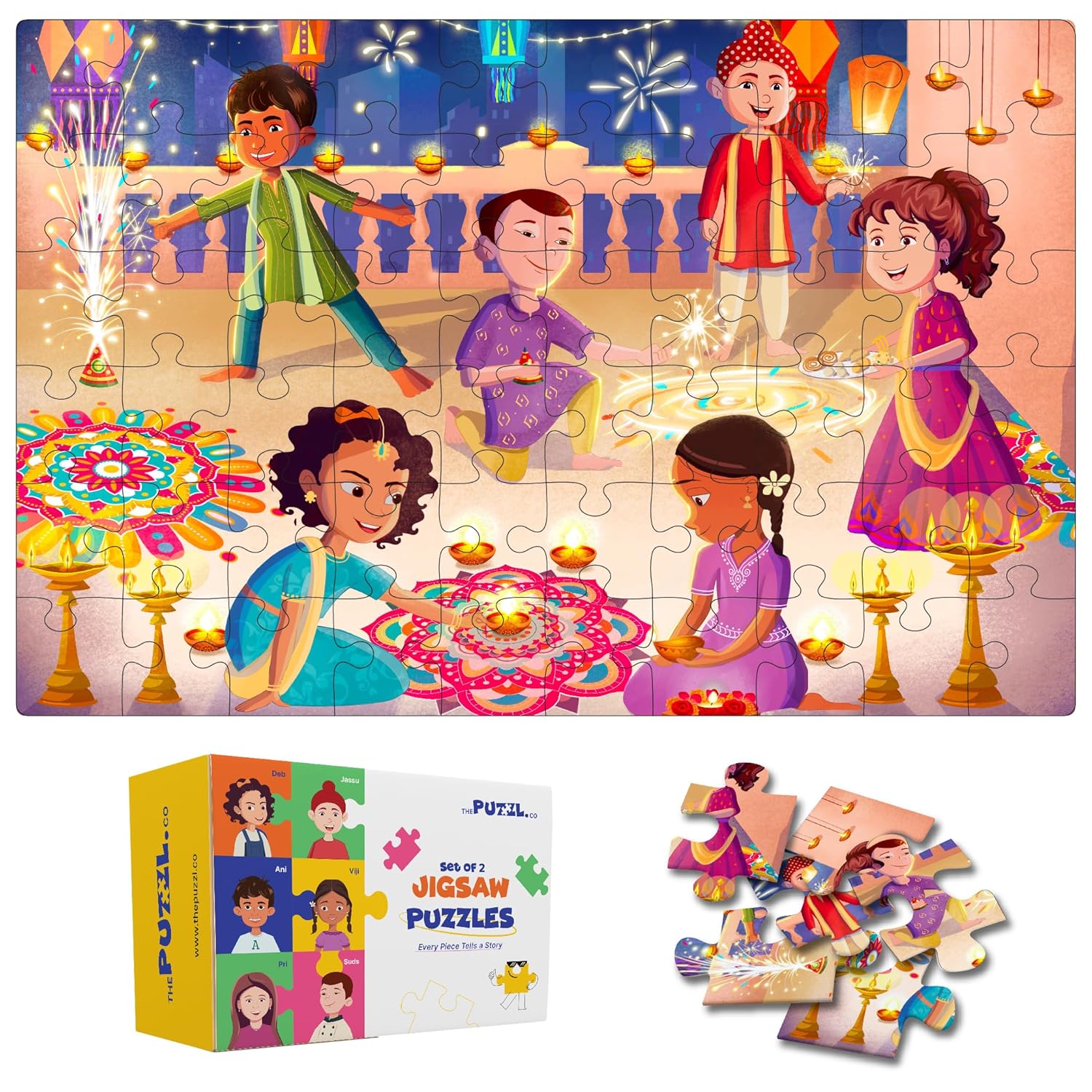 The Puzzl Co – Set of 2 Jigsaw Puzzles, 60 Pcs Each, Festivals Theme – Diwali & Holi, for Kids 5-8+ Yrs, Large Size, Thick Matte Finish, Fun & Educational Puzzle Games, for Boys, Girls